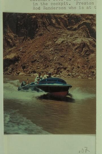 The shakedown cruise up into Glen Canyon.  Butchart sits on the deck aft.  Lodell Mathews is down in the cockpit.  Preston Mercer is almost hidden by Rod Sanderson who is at the controls
