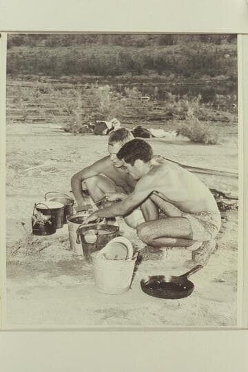 Joe Desloge and Garth Marston wash dishes; Pierce Ferry