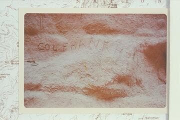 Inscription by trail in Hance Canyon on west wall at highest Tapeats outcrop:  L. D. Boucher/Col. Frank Hull  1884