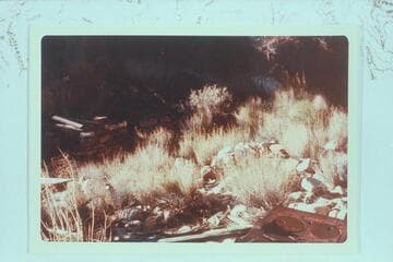Ruins  of Hance camp at Hance Asbestos Mine.  Cast iron stove lower right