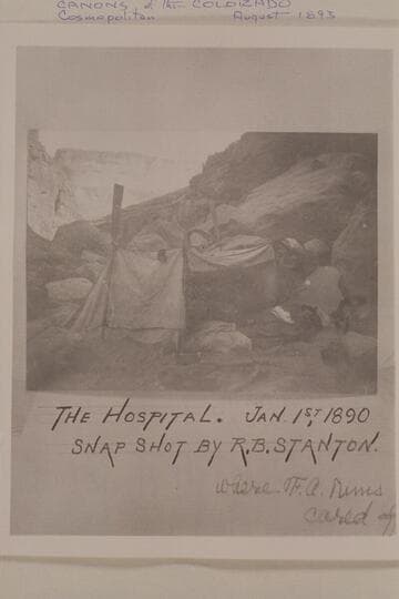 Where Nims was cared for after falling from cliff.  Nims had cracked his skull and injured one leg.  Photo possibly by Stanton or Hogue.  Mile 13 in Marble Canyon