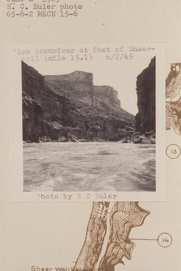 Down Marble Canyon from Mile 14.7 [on photo:  View downriver at foot of Sheerwall (mile 15.1)]