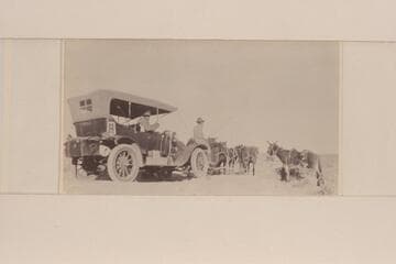 The Zahn's [sic] Franklin car being hauled into Kayenta after it had been taken to the San Juan River at the Zahn Mine in 1915, Sep