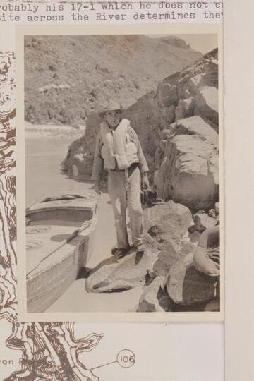 Clyde Eddy at the head of Serpentine Canyon Rapid.  Noon stop.  Arrival was 12:30 PM and departure about 2 PM.  The temperature in the shade was 104 degrees
