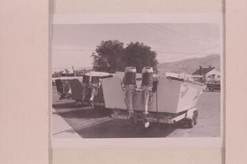 Mercury motors on stern of the "Rapid Eater," one of the 26-ft. boats built for the attempt to run up the Grand Canyon in 1960, June.  Salt Lake City
