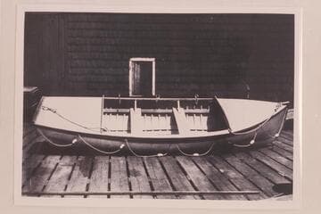 Eddy's pilot boat, the "Dellenbaugh," as she arrived at Greenriver.  Parley Galloway was the oarsman of this boat and found it necessary to cut off her keep at the head of Cataract Canyon