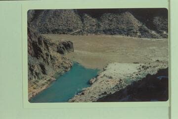 Mouth of Tapeats Creek.  Pontoon in the creek and 10-man at edge of river