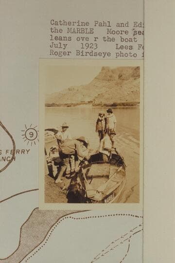 Catherine Pahl and Edith Kolb on the stern of the "Marble."  Moore seated at left and Burchard leans over the boat.  Lees Ferry