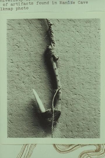 Fish hook and line from cave in Yampa Canyon.  Now in University of Colorado Museum, Boulder, Colorado.  Typical of artifacts found in Mantle Cave