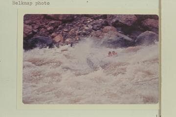 The "Triangle" in Vulcan Rapid as the boat returned to the water after jumping off the top of the first wave.  It was swung with the port beam on and tossed into the air to barely escape capsizing.  Jim Bechtel is driving and Bob Valentine riding