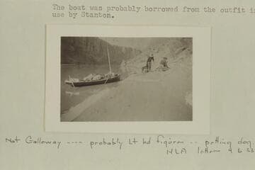 Knox and Galloway at camp with the boat used to go from the Stone-Stanton Dredge to Lees ferry in November 1898