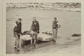 Jack Wimpress, Walter Prevost, and Don Wimpress just before the start down the San Juan River from Mexican Hat.  The Navy surplus life jackets were worn on the San Juan and most of the time on the Colorado