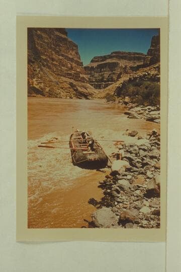No. 2 pontoon in the head of Vulcan Rapid.  The lining continues down into the rough water at the head of Vulcan Rapid with the crew ashore struggling to hold some position