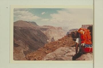 Starting point for drop to Vulcan Rapid from west of small cone at foot of Prospect Valley.  Vulcan's Throne is upper left