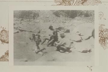 Lunch during the salvage operations at Dubendorff Rapid.  Right to left:  Galloway, Adger, Jaeger, Carey, and Seager, who holds a cup