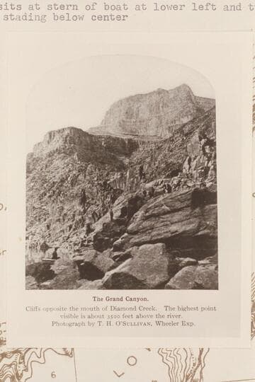 Cliffs opposite mouth of Diamond Creek.  A man sits at stern of boat at lower left and two men appear sta[n]ding below center.  Wheeler Expedition