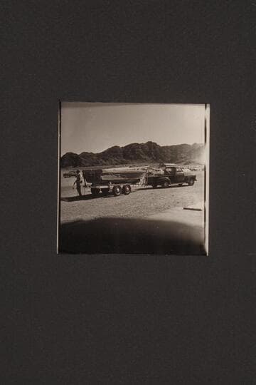 Boat I on Claude Nichols' trailer at Boulder City.  The cradle was rigged to carry the second boat on top.  the two boats were hauled back to Hollywood and stored