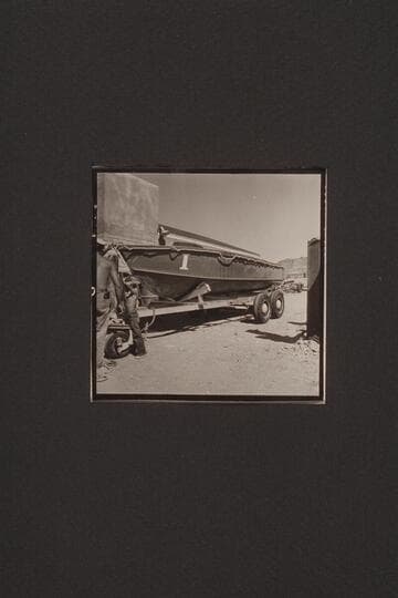 Boat I on Claude Nichols' trailer at Boulder City.  The cradle was rigged to carry the second boat on top.  the two boats were hauled back to Hollywood and stored
