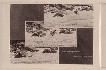 Kayak operations with the French Trio.  The scene appears to be at the foot of Triplett Falls in the Canyon of Lodore