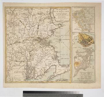 Seat of the War, in New England, by an American Volunteer [Submap]: Plan of the Town of Boston with the Attack on Bunkers-Hill in the Peninsula of Charlestown, the 17th. of June 1775. With the Marches of the Several Corps Sent by the Colonies. Towards Boston. with the Attack on Bunkers = Hill