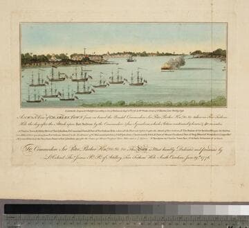A N.W. by N. View of Charles Town from on board the Bristol, Commodore Sir Peter Parker Knt. &c.&c. taken in Five Fathom Hole the day after the Attack upon Fort Sulivan by the Commodore & his Squadron, which Action continued 9 hours & 40 minutes
