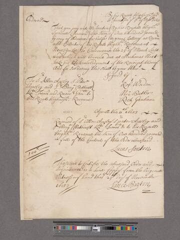 James, aftw. II, King of Great Britain. Order, By his Royall Highnesss. Command : To Sir Allen Apsley, Sir Peter Apsley & Sir Benjamin Bathurst