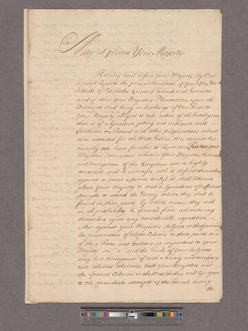 Great Britain. Board of Trade. To William III, King of Great Britain : Representation relating to a Squadron sent to the West Indies & America