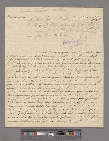 Montagu, Elizabeth (Robinson). Letter to Lady Barbara Montagu