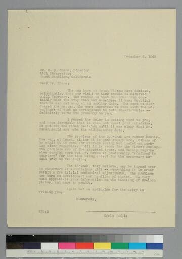 EPH writes to astronomer Donald Shane