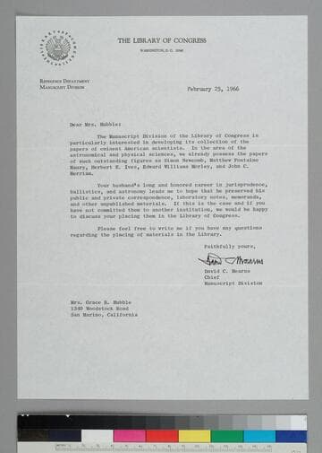 David Mearns, Chief of the Manuscripts Division, Library of Congress, writes to GBH