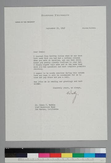 Wallace Sterling, President of Stanford University, writes to EPH