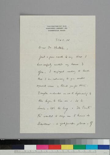 George Sarton, editor of Isis, writes to EPH, thanking him for loaning him books