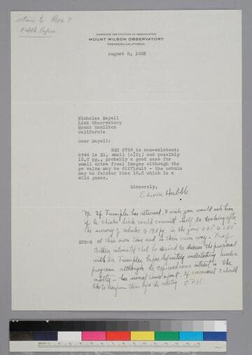 EPH writes to astronomy graduate student Nicholas Mayall regarding specific nebulae and their characteristics.  In a postscript