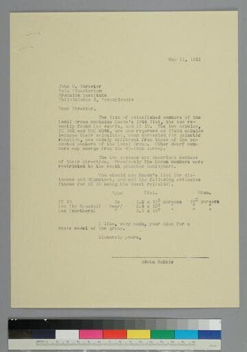 EPH writes to John Streeter of the Fels Planetarium