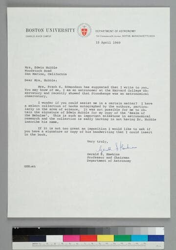 Astronomer Gerald Hawkins of Boston University writes to Grace Hubble