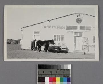 Post office building in Cameron, Arizona, with Navajo man, horses, and a dog in front