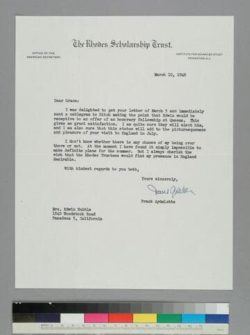 Frank Aydelotte, American secretary of the Rhodes Scholarship Trust, writes to GBH