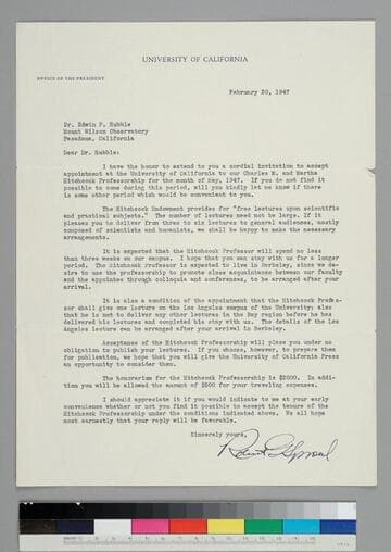 University of California president Robert Sproul writes to EPH inviting him to be the Charles M. and Martha Hitchcock Professor for May 1947