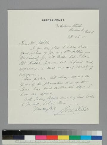 Actor George Arliss writes to the Hubbles