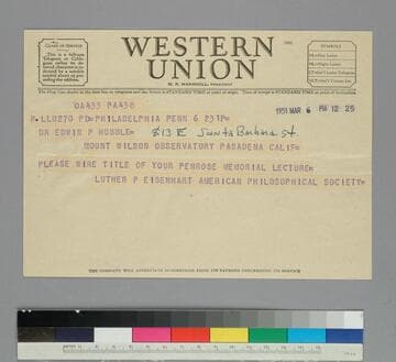 Luther Eisenhart, executive officer of the American Philosophical Society, wires EPH
