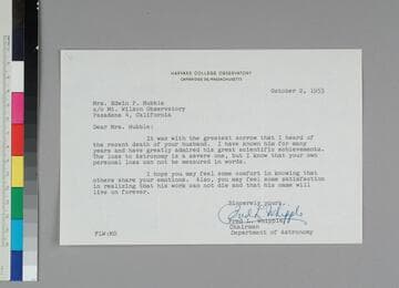 Astronomer Fred Whipple, of the Harvard College Observatory, writes to GBH