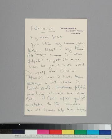 Writer Hugh Walpole, writes to GBH, glad to finally receive her letter and hear news of the Hubbles
