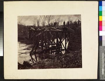 Construction Corps repairing Bull Run Bridge washed out by high water, 1862