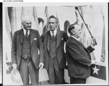 Harry Chandler, Zack Farmer and Mayor Frank Shaw at the Coliseum for the opening of the 1932 Olympics