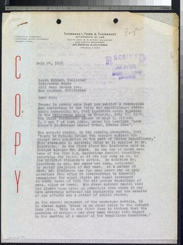 Letter seeking "retraction and correction of false and unprivileged statements concerning Mr. Carl Lindstrom"