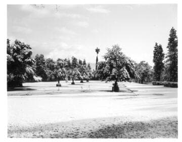 Parking lot of the San Marino Ranch after snowfall, January 11, 1949