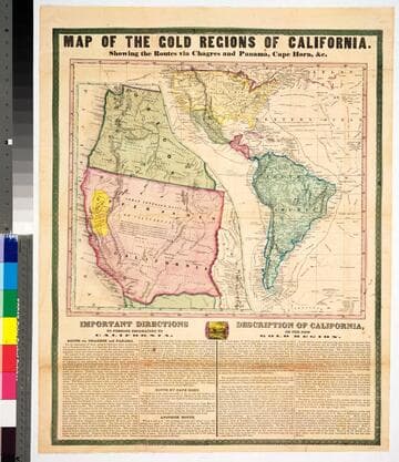 Map of the gold regions of California : showing the routes via Chagres and Panama, Cape Horn, &c