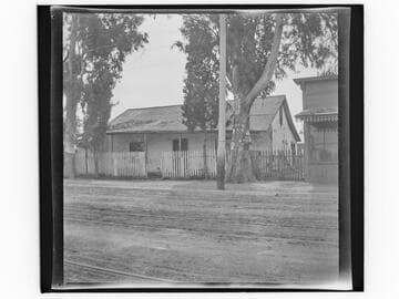 Adobe building and tree with advertising posters