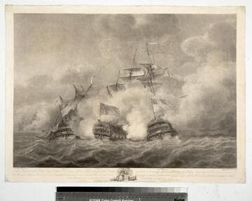 To the memory of the brave Capt. John Harvey... of His Majesty's Ship the Brunswick this print representing the Brunswick after breaking the enemy's line ... on the first of June 1794 grappled to, and engaging Le Vengeur with her starboard guns, and totally dismasting L' Achille in an attempt to board on the larboard quarter is respectfully inscribed by Nicholas Pocock