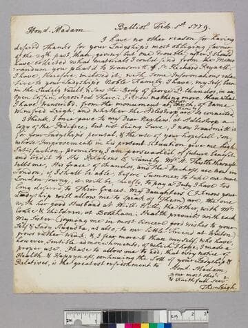 Leigh, Theophilus, 1693-1785. Letter to Lady Caroline Brydges Leigh, 1730-1804